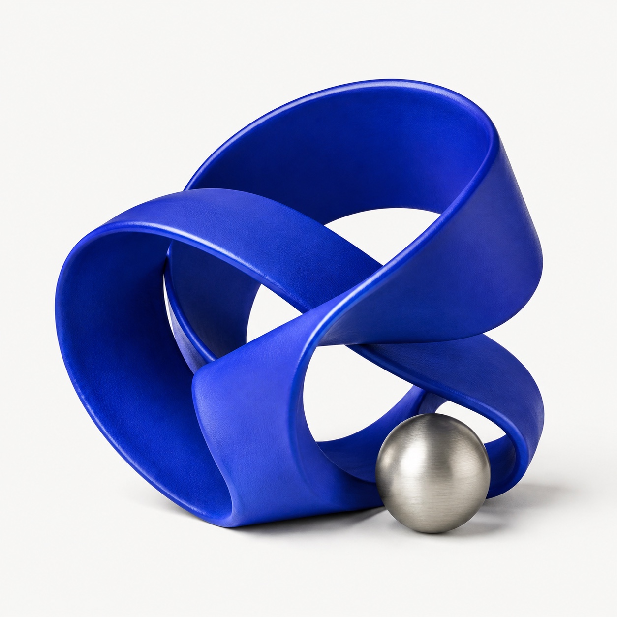A continuous blue ribbon beside a silver sphere: a study in staying grounded while exploring.